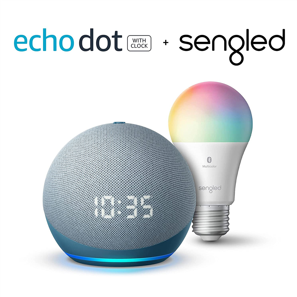 Echo Dot (4.ª generación) | Altavoz inteligente con reloj y Alexa | Azul crepuscular con bombilla de color Bluetooth Sengled