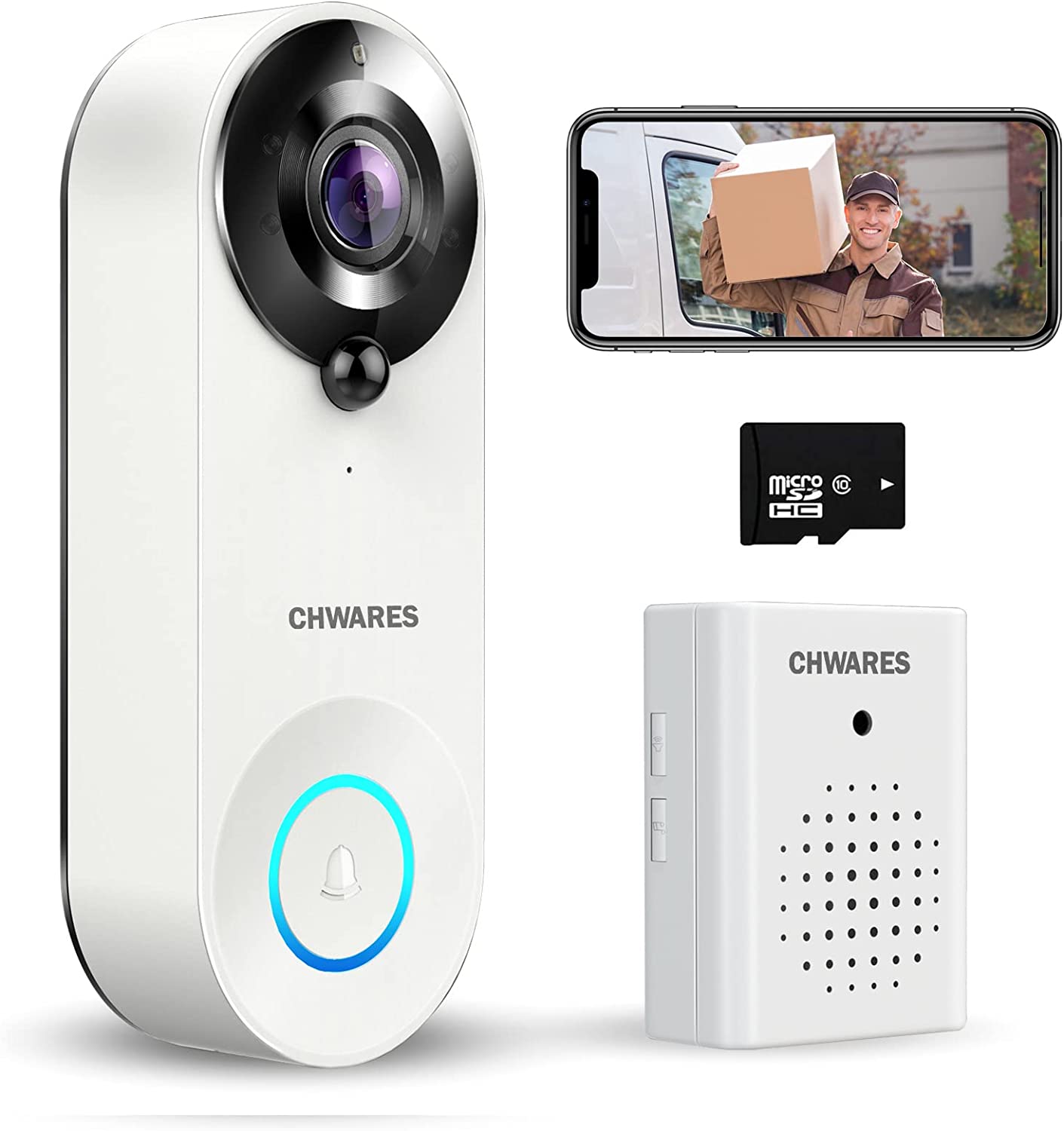 Cámara de video inalámbrica WiFi con timbre, campana de puerta inteligente HD de 1080P con audio de 2 vías, detección de movimiento PIR, impermeable IP65, tarjeta SD de 32 GB, compatible con Alexa