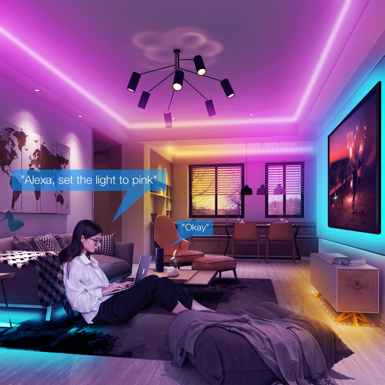Tira de luces LED de 100 pies compatible con Alexa (conexión directa), luces LED inteligentes para dormitorio, sincronización de cambio de color RGB con música, control remoto de 44 teclas