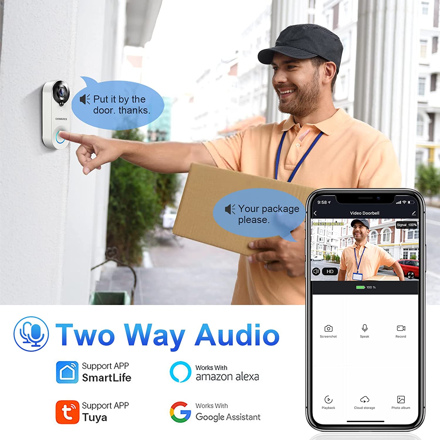 Cámara de video inalámbrica WiFi con timbre, campana de puerta inteligente HD de 1080P con audio de 2 vías, detección de movimiento PIR, impermeable IP65, tarjeta SD de 32 GB, compatible con Alexa